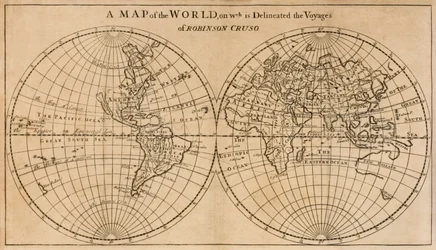 Karte der Welt mit der Reise von Robinson Crusoe, Frontispiz-Faltkarte aus Die weiteren Abenteuer von Robinson Crusoe